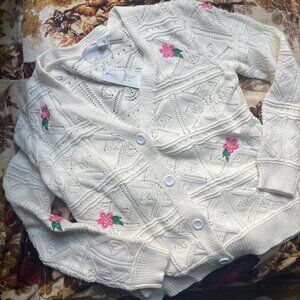NWT pink rose floral embroidery white cotton cardigan